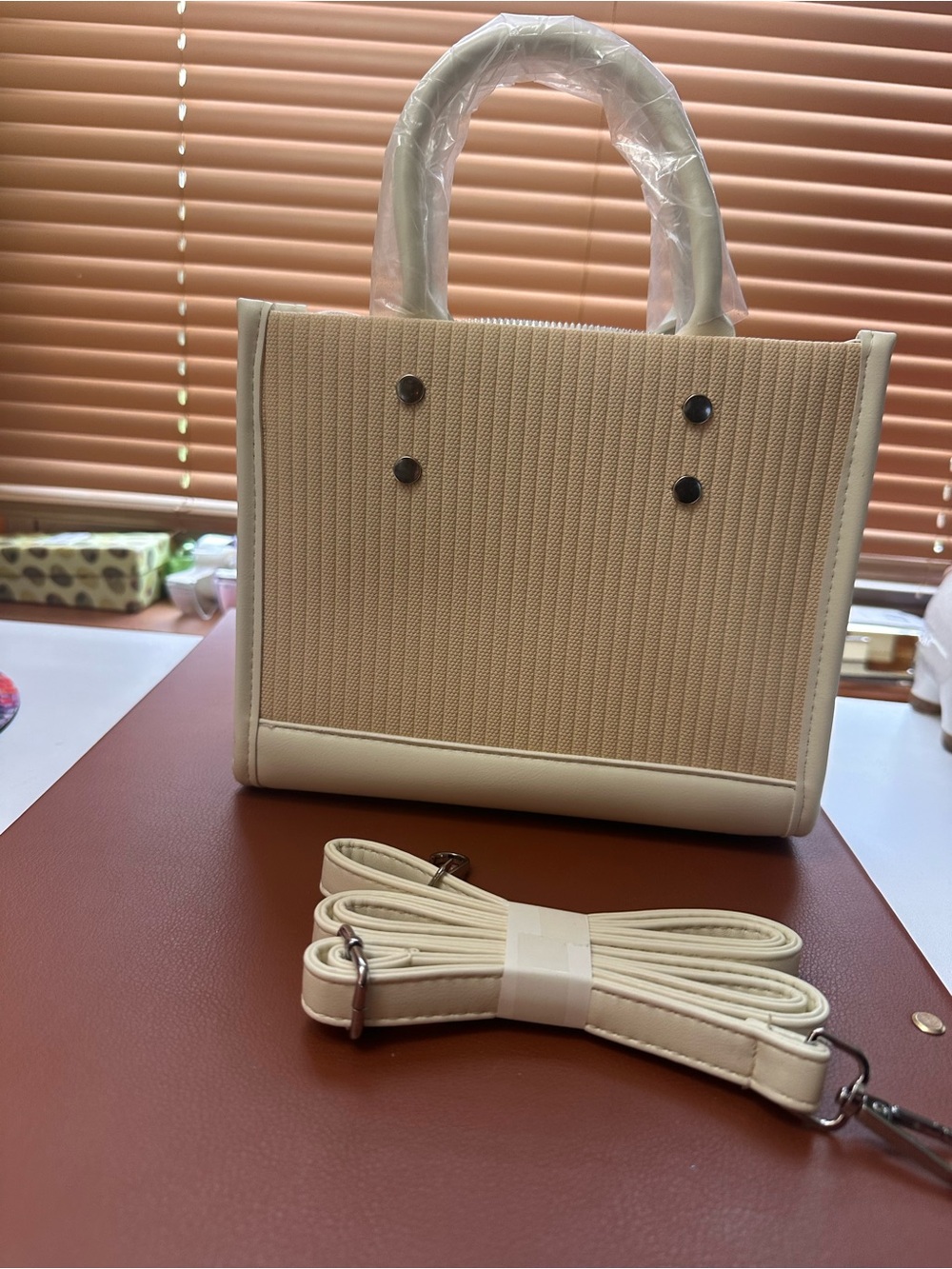 Cream Structured Tote Bag with Detachable Strap